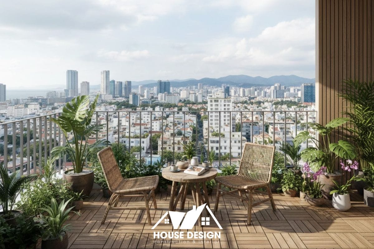 mẫu cải tạo ban công chung cư đẹp với sàn gỗ và cây xanh đúng quy định pháp luật