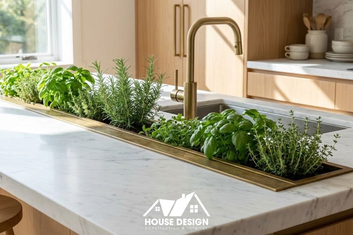 đảo bếp tích hợp bồn trồng cây gia vị trong thiết kế eco-luxury
