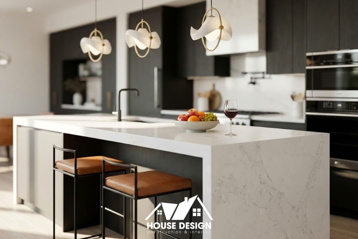 Đảo bếp hiện đại kết hợp quầy bar mini tiện lợi cho căn hộ chung cư của người trẻ.