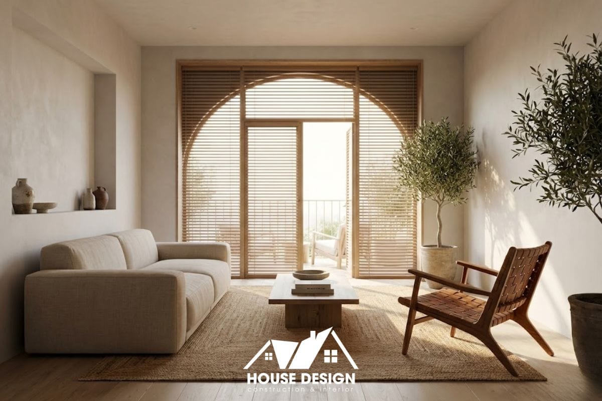 Không gian phòng khách Indochine ấm cúng với màu trung tính và đồ decor tinh tế.