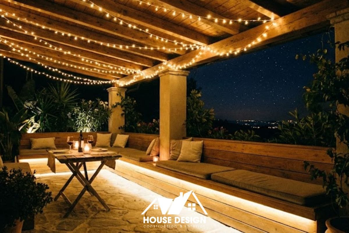 Đèn dây trang trí logia chung cư lãng mạn vào ban đêm.