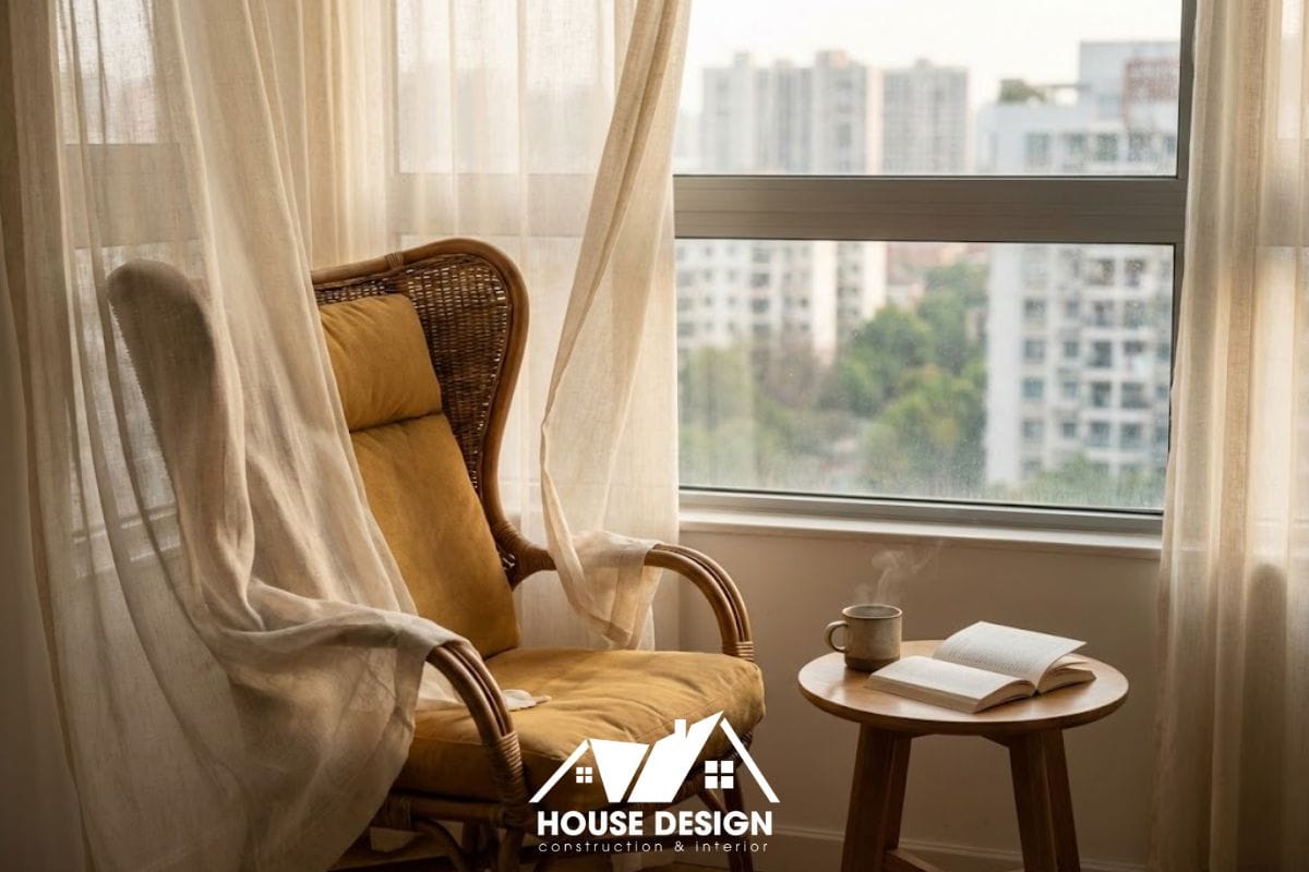 Ghế bành mây tre đan đặt cạnh cửa sổ trong góc đọc sách chung cư Indochine.