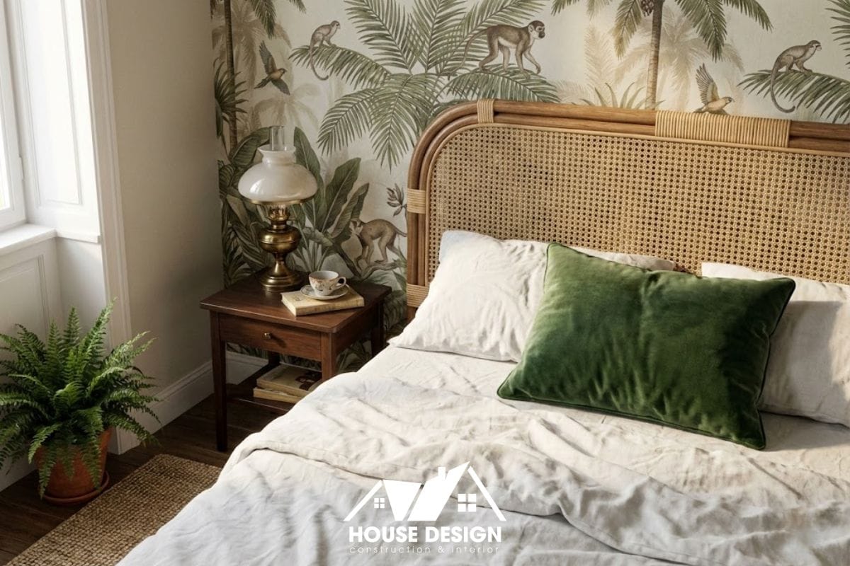 Khu vực giường ngủ trong Studio chung cư phong cách Indochine với đầu giường mây tre.