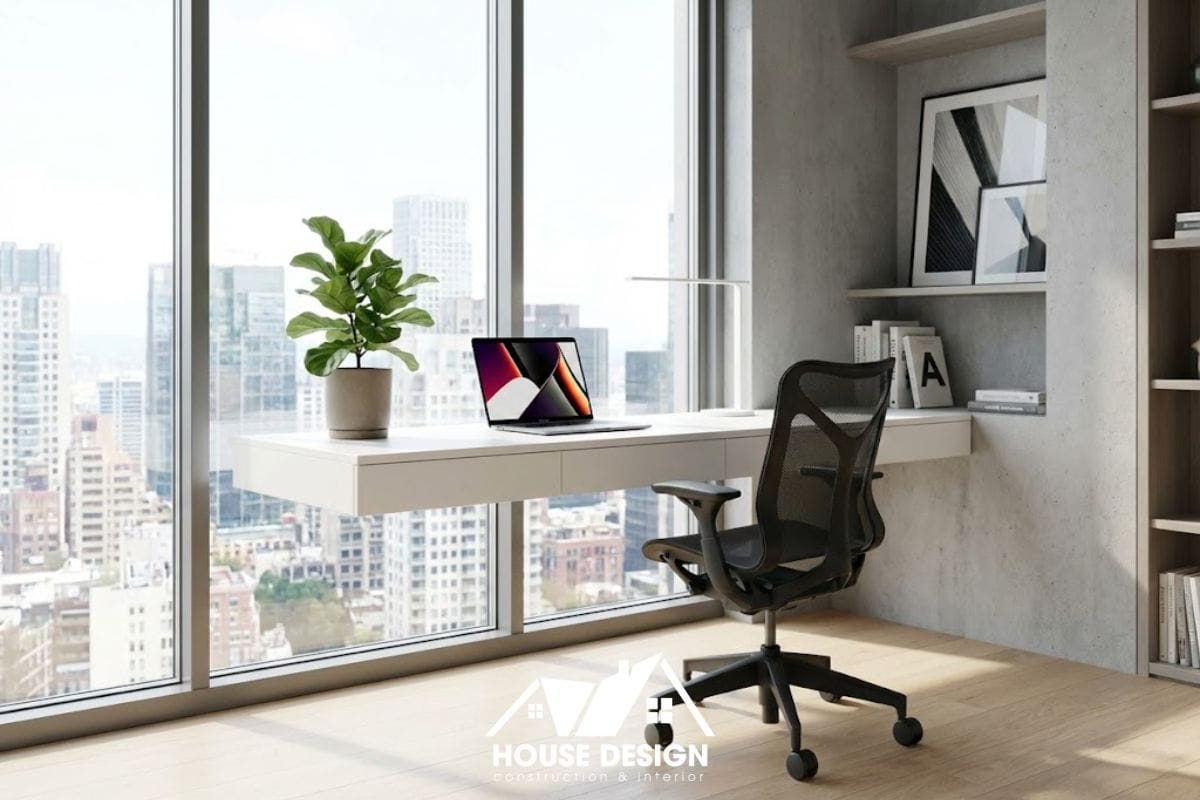 Góc làm việc tại nhà trong căn hộ chung cư đặt cạnh cửa sổ kính lớn tràn ngập ánh sáng.