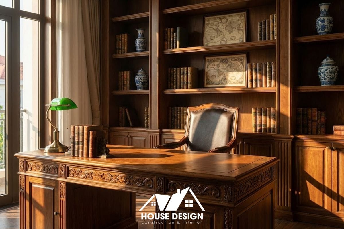 Bàn làm việc gỗ tự nhiên thiết kế uy nghiêm trong góc làm việc chung cư phong cách Indochine.