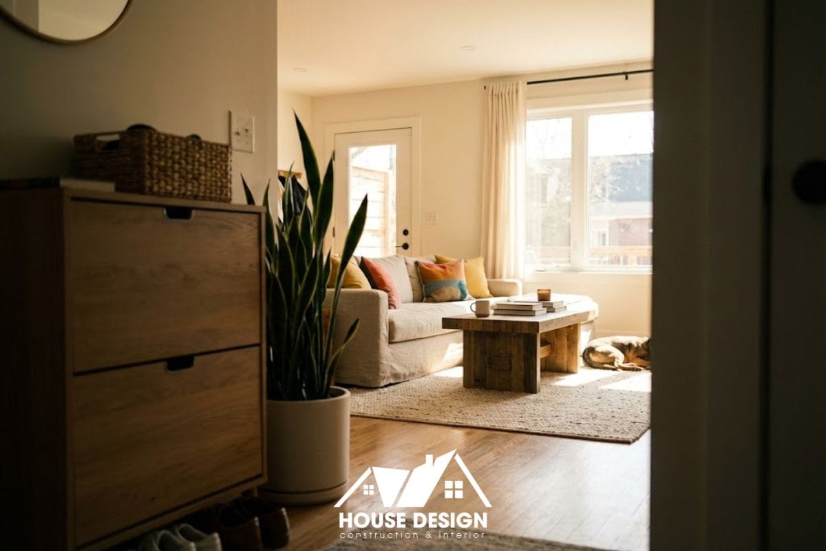 Góc nhìn từ lối vào hướng thẳng vào không gian phòng khách hiện đại và thoáng đãng.