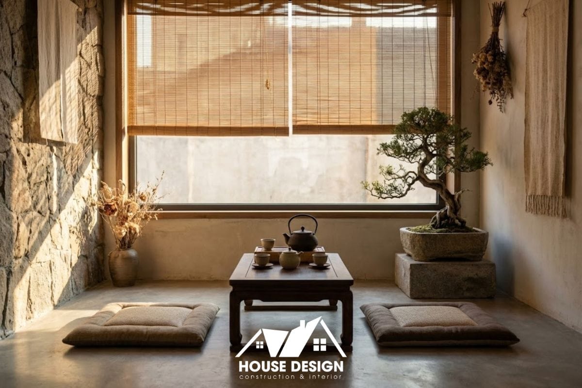 Góc thưởng trà yên tĩnh trong chung cư phong cách Indochine kết hợp Zen.
