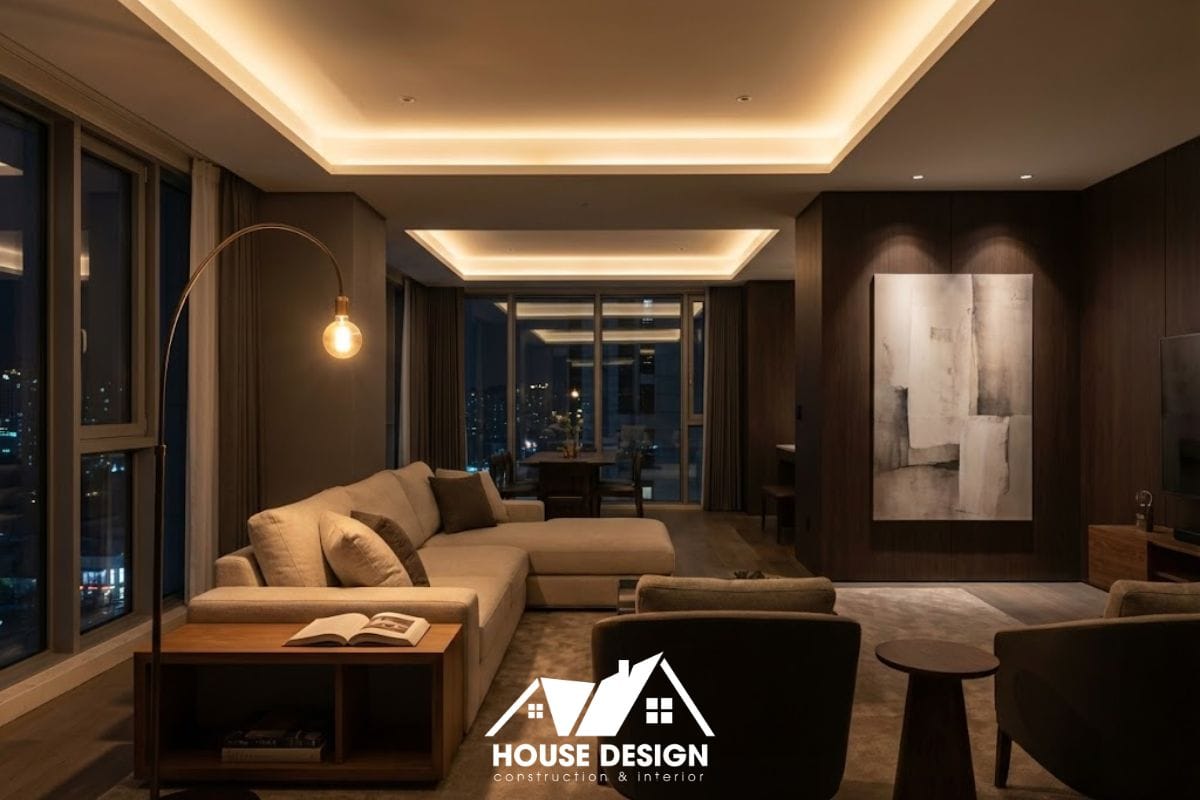 Phòng khách chung cư buổi tối với hệ thống ánh sáng 3 lớp: đèn hắt trần, đèn cây đọc sách và đèn rọi tranh.