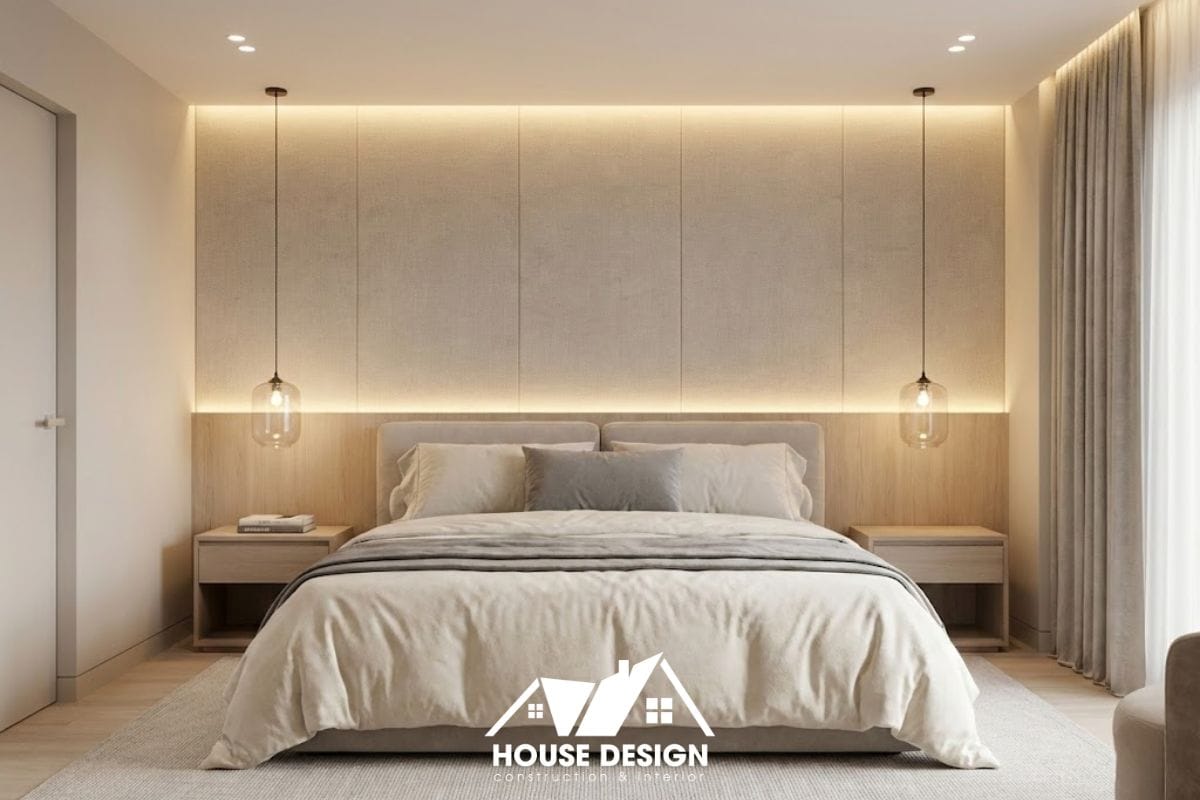 phối màu trung tính và hệ thống đèn led âm trần trong phòng ngủ căn hộ hiện đại