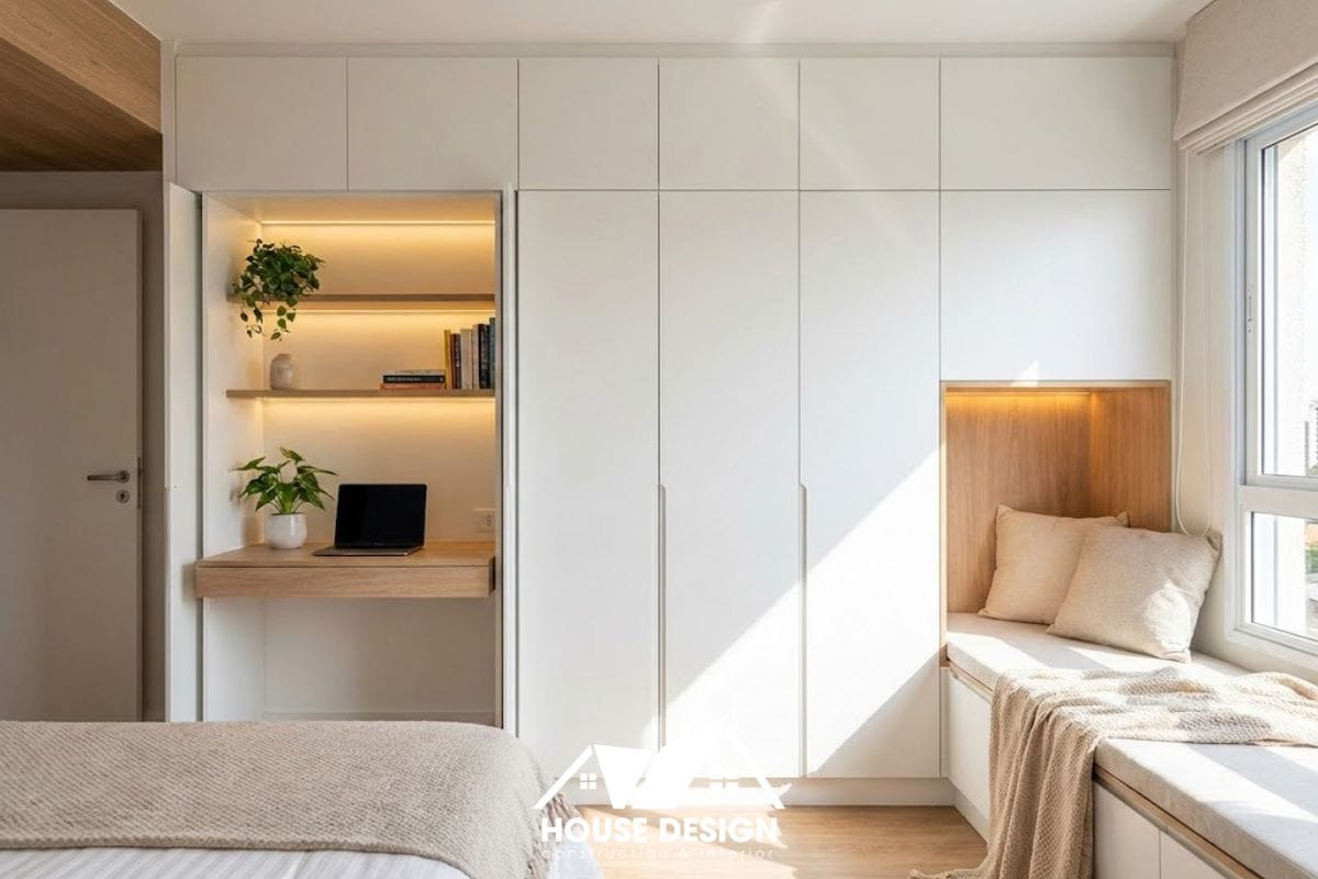 Hệ tủ quần áo kịch trần màu trắng trong phòng ngủ nhỏ 10m2