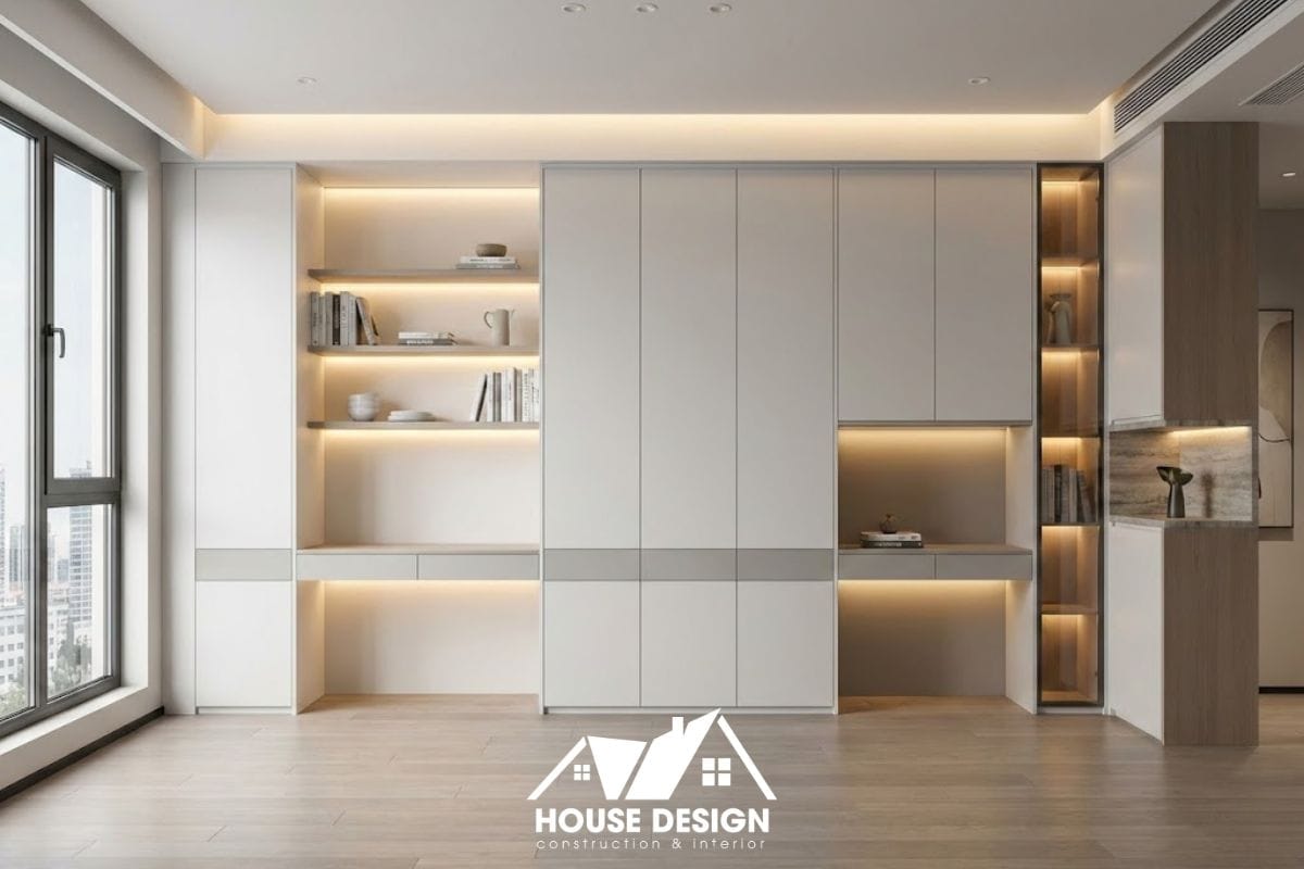 Hệ tủ lưu trữ kịch trần kết hợp đèn LED hắt sáng trong thiết kế nội thất chung cư hiện đại.