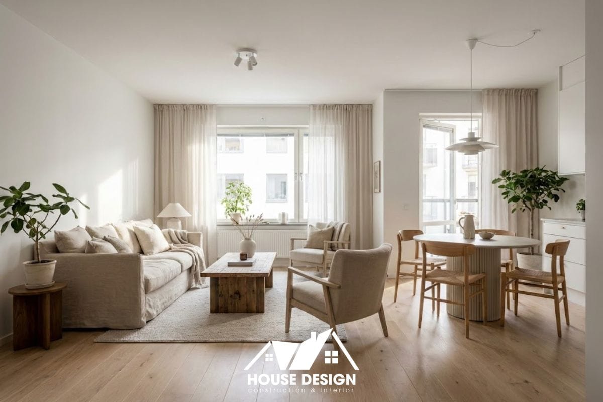 Không gian phòng khách căn hộ 65m2 2 phòng ngủ thiết kế hiện đại tràn ngập ánh sáng tự nhiên.