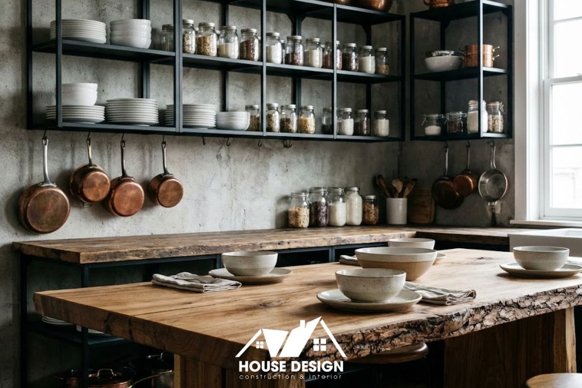 hệ kệ bếp khung sắt mở trong thiết kế bếp industrial