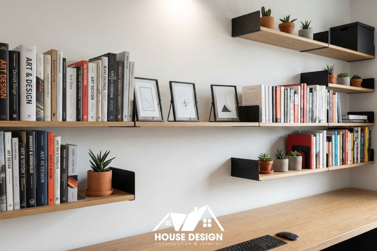Hệ kệ sách treo tường tối giản giúp tiết kiệm diện tích cho góc làm việc chung cư.