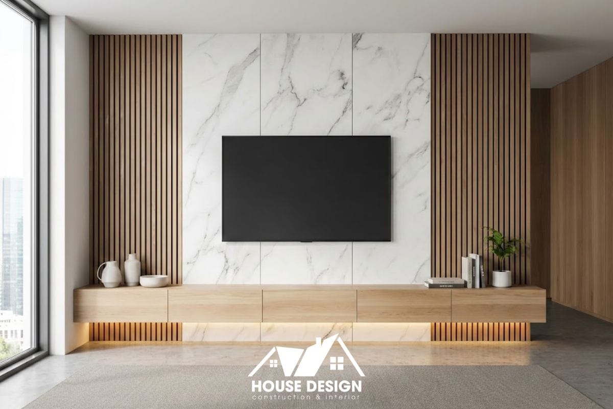 Thiết kế kệ tivi treo tường kết hợp vách đá marble sang trọng cho phòng khách chung cư.