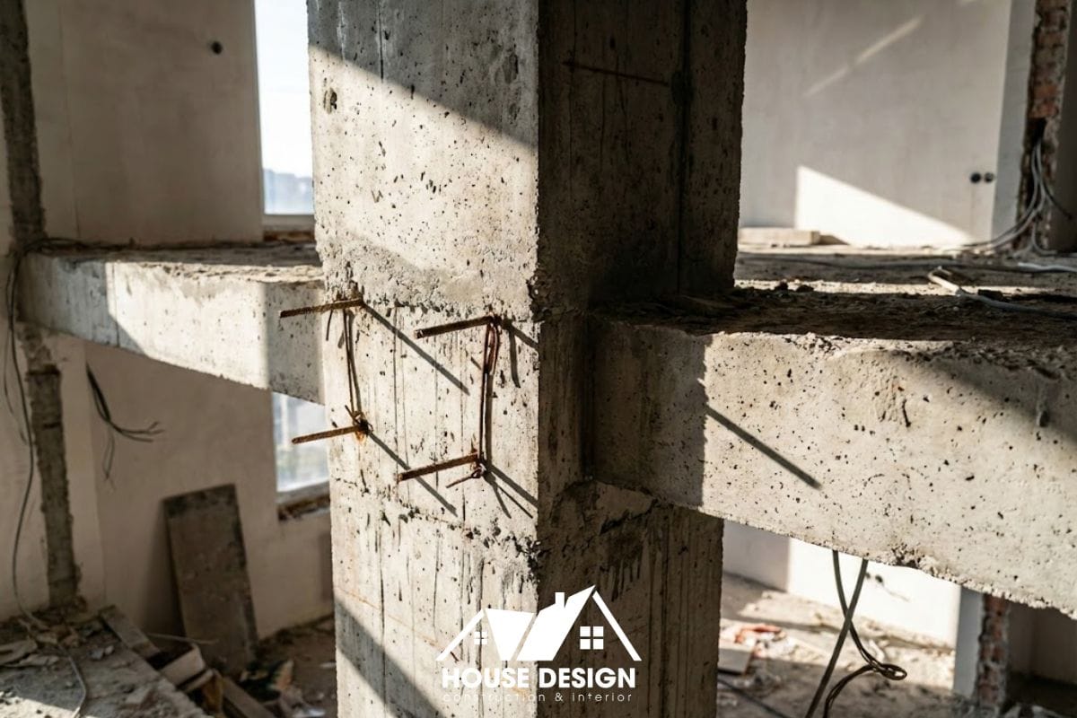Cận cảnh kết cấu dầm và cột bê tông chịu lực trong căn hộ chung cư, hạng mục cấm xâm phạm khi sửa chữa.
