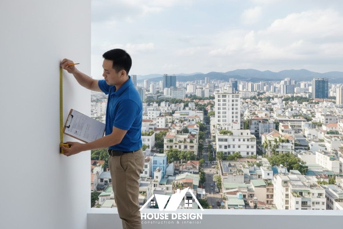 kỹ sư xây dựng đang đo đạc khảo sát hiện trạng ban công chung cư tại Việt Nam