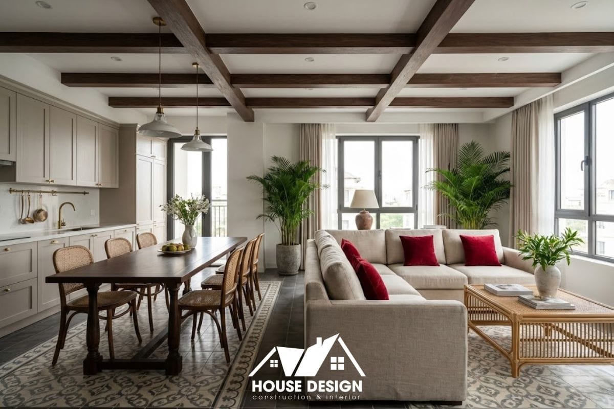 Không gian liên thông khách bếp trong chung cư phong cách Indochine 2 phòng ngủ.