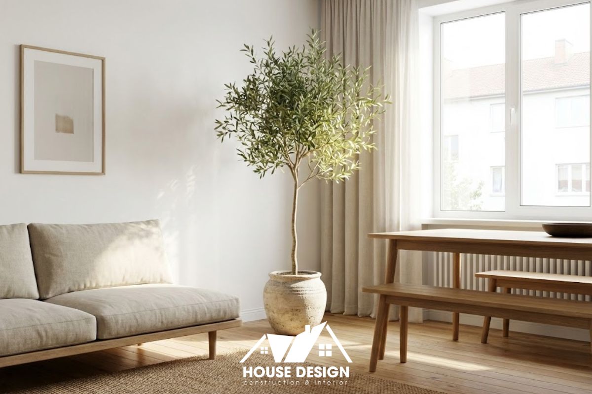 trang trí phòng khách japandi với chậu cây xanh đơn giản