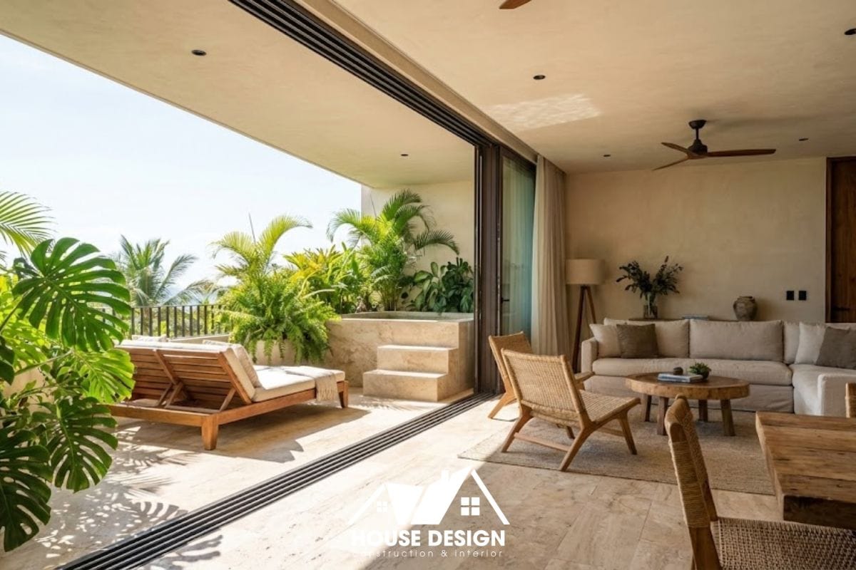 phòng khách liền bếp mở cửa kính lớn ra ban công xanh