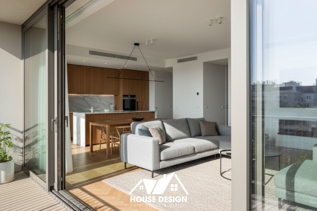 không gian phòng khách chung cư hiện đại sáng sủa nhìn từ phía cửa sổ