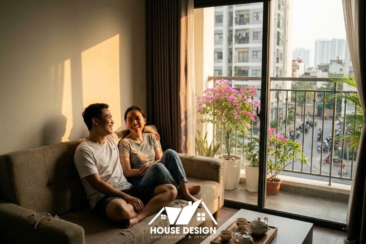 gia đình trẻ thư giãn trong không gian phòng khách căn hộ 70m2 ấm cúng và hiện đại