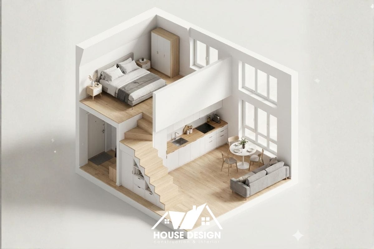 Sơ đồ 3D căn hộ phong cách Bắc Âu với bếp dưới và ngủ trên gác