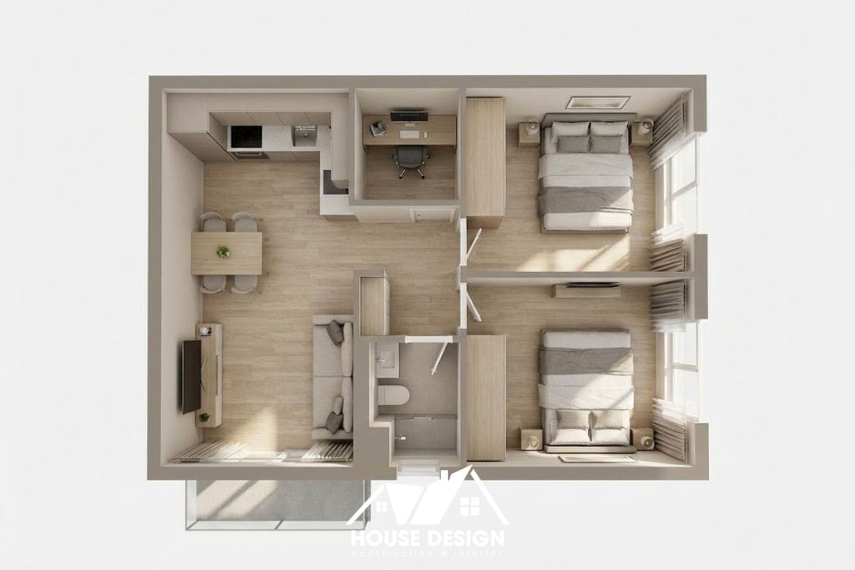 sơ đồ căn hộ 45m2 với hành lang giữa và góc làm việc