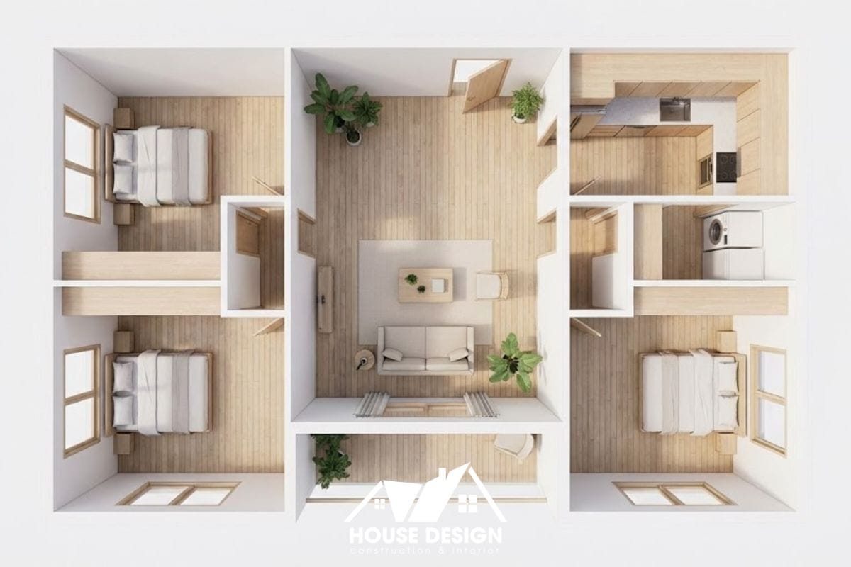 layout 3d căn hộ 90m2 phòng khách nằm giữa các phòng ngủ bao quanh