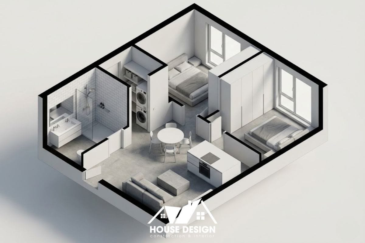 mặt bằng căn hộ 45m2 phong cách tối giản khu vệ sinh tập trung