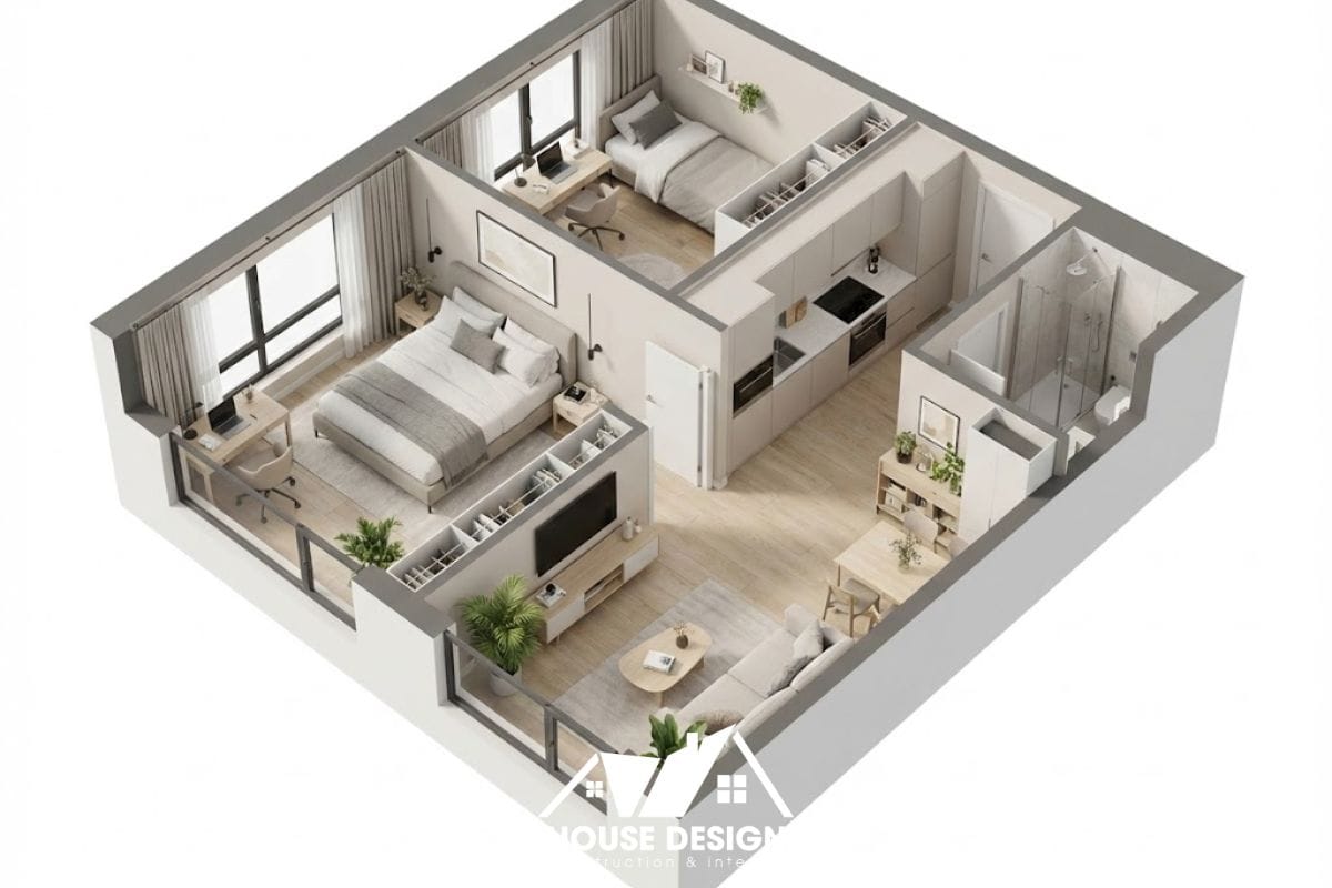 Bản vẽ 3D bố trí căn hộ 40m2 đa năng, tích hợp bàn làm việc trong cả 2 phòng ngủ và bếp dọc lối đi.