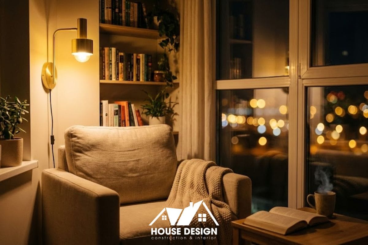 Góc đọc sách chill tại logia chung cư với đèn vàng ấm áp.