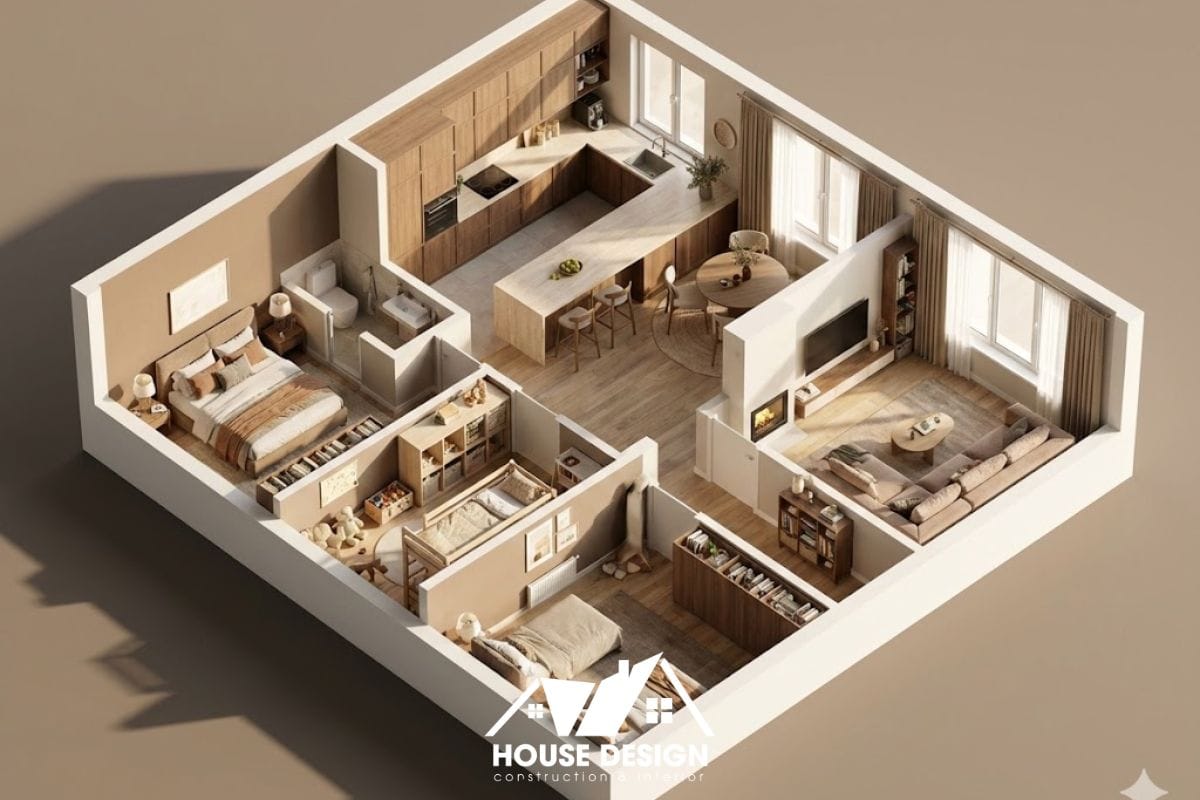 Thiết kế 3D căn hộ 100m2 với bếp chữ U và bàn ăn riêng