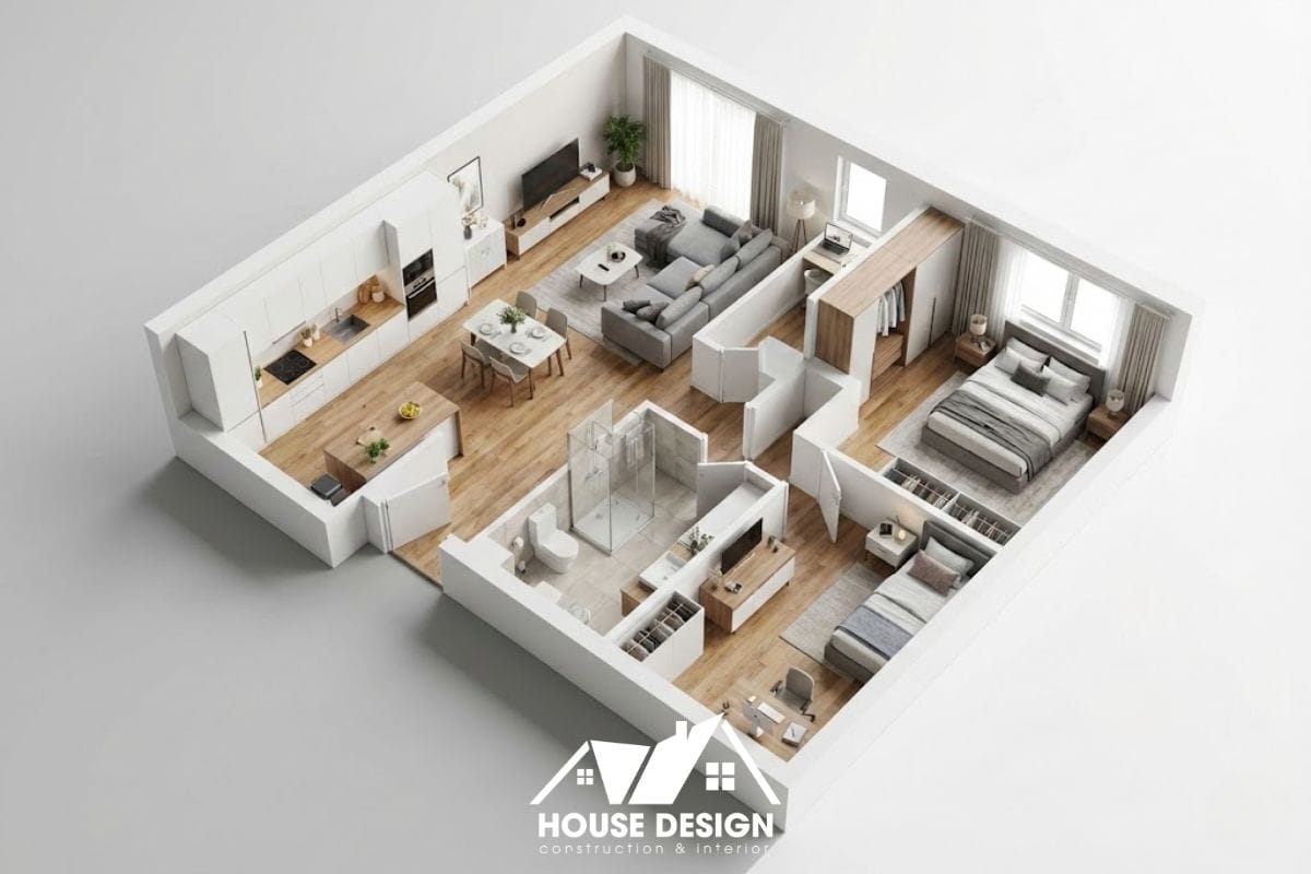 sơ đồ mặt bằng 3D căn hộ 70m2 mẫu 1 bố trí không gian mở