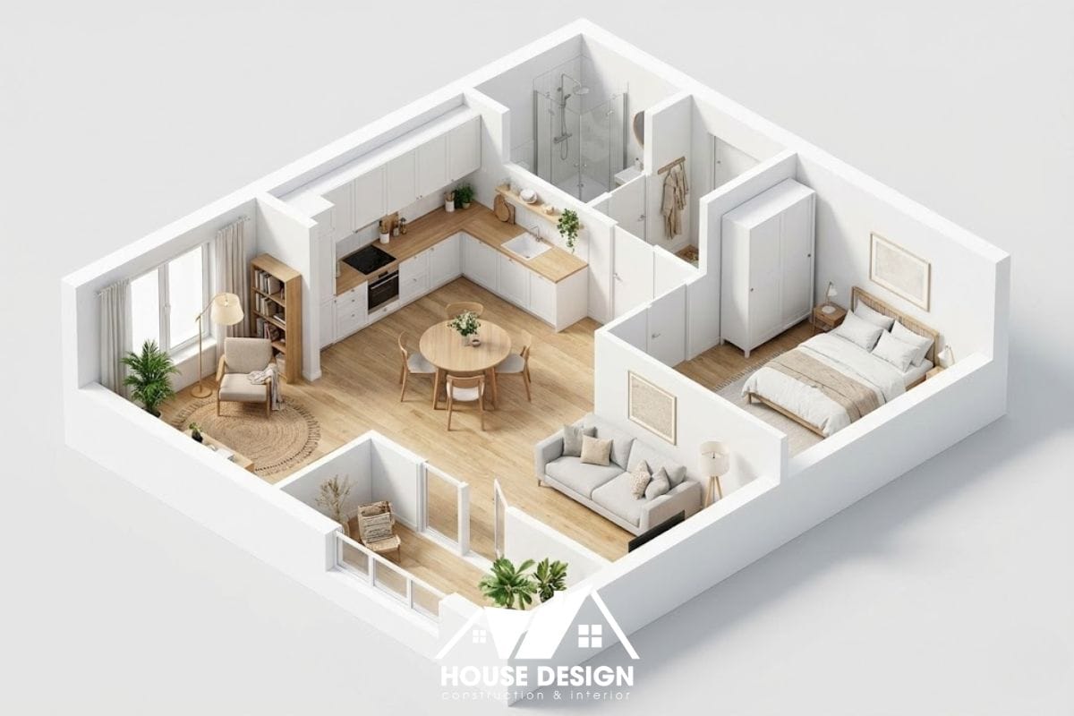 sơ đồ 3D căn hộ 70m2 phong cách Scandinavian tông trắng gỗ