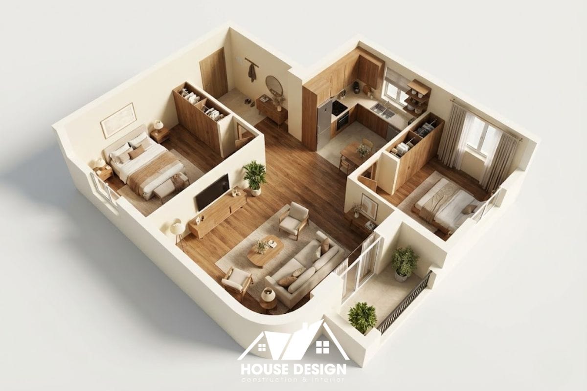 bản vẽ 3D căn hộ 70m2 với chi tiết tường bo góc tại phòng khách