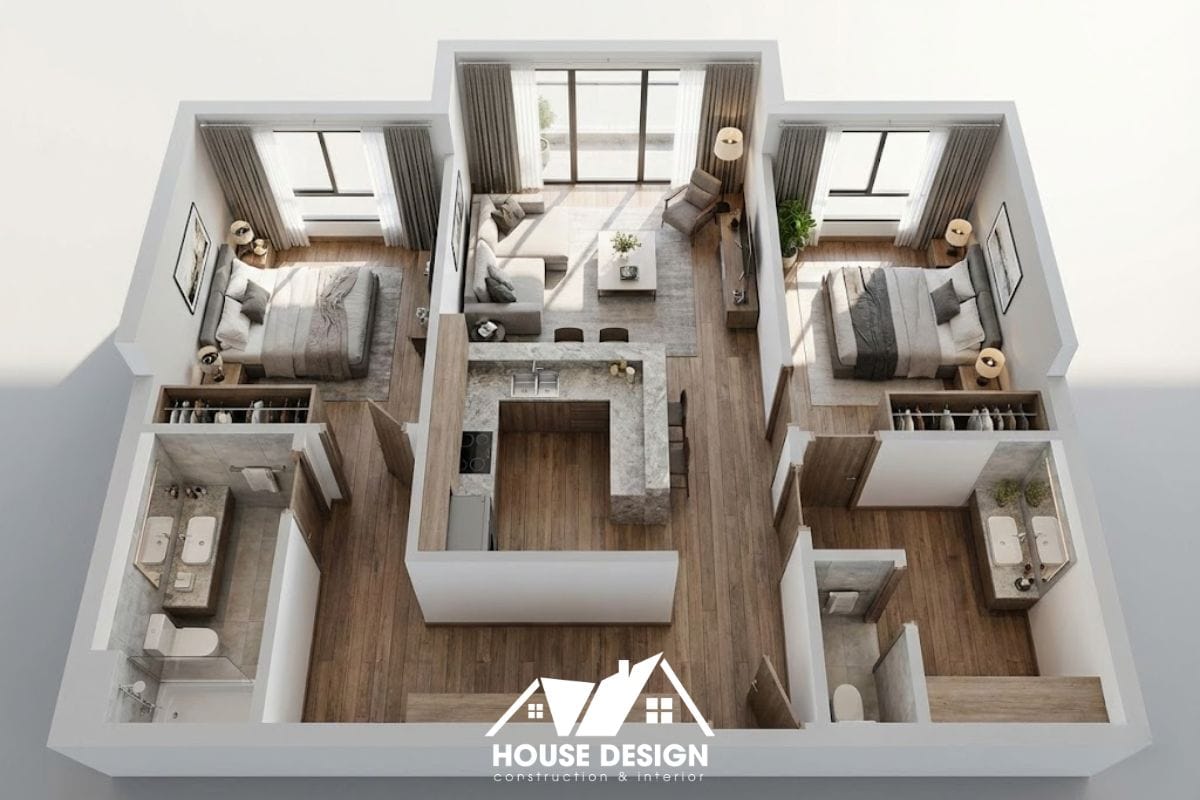 iết kế 3D căn hộ 70m2 có đảo bếp mini peninsula và 2 nhà vệ sinh