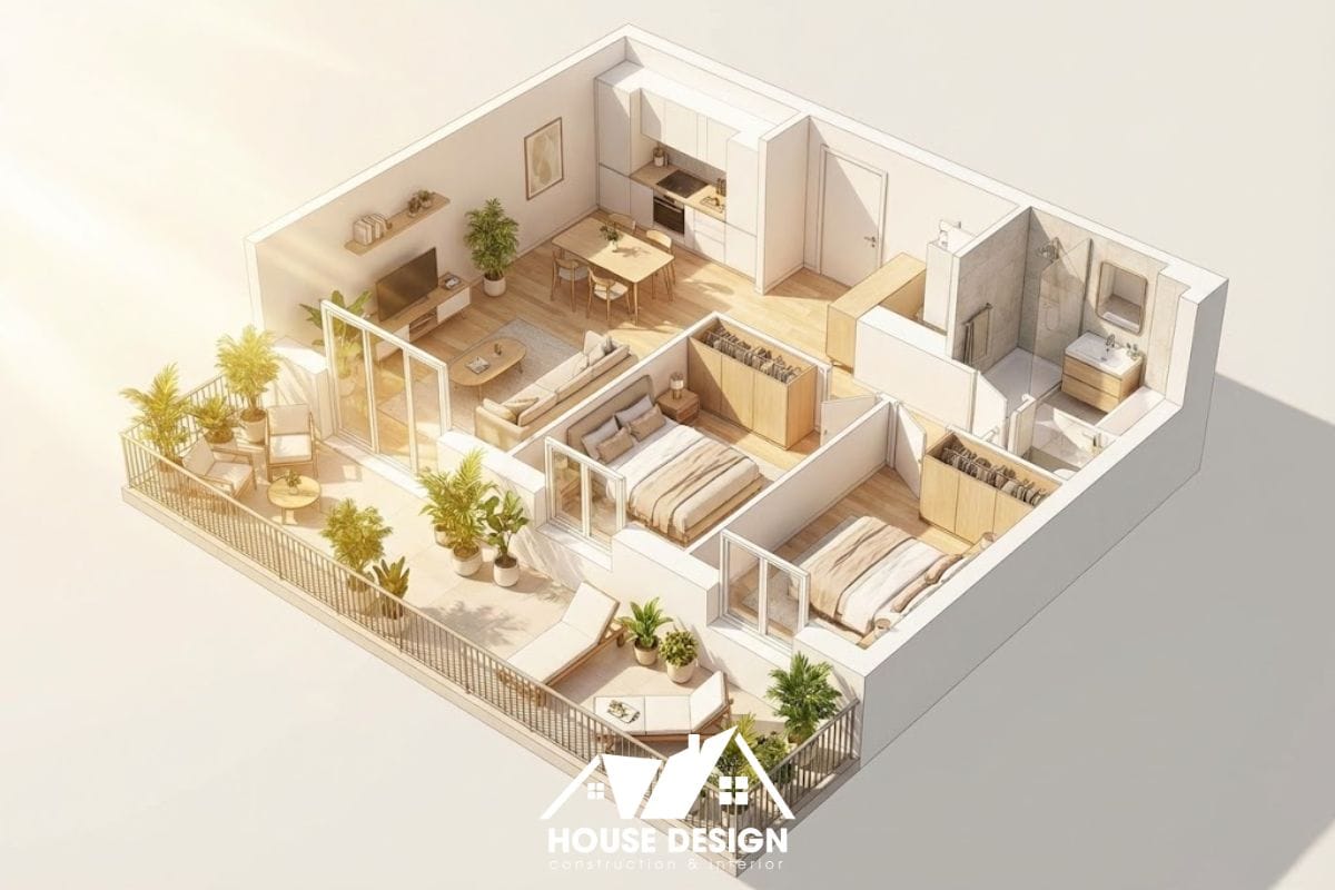 sơ đồ 3D căn hộ 70m2 có ban công dài chạy dọc phòng khách