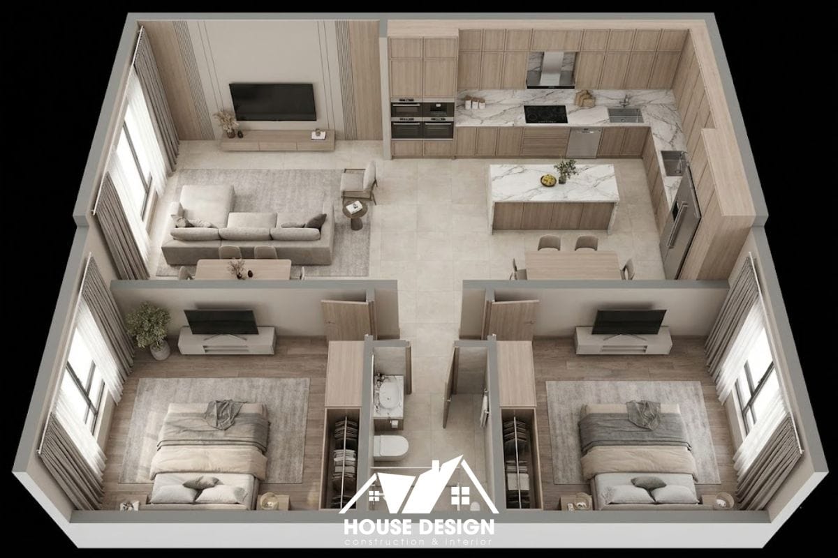 mặt bằng 3D căn hộ 70m2 bố trí bếp chữ U tiện nghi