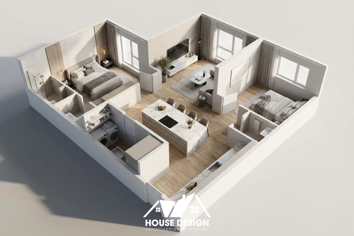 thiết kế 3D căn hộ 70m2 có đảo bếp trung tâm và phòng giặt sấy riêng