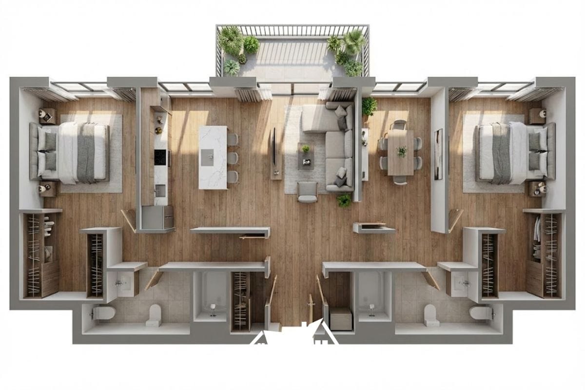 sơ đồ bố trí căn hộ 70m2 đối xứng qua trục giữa