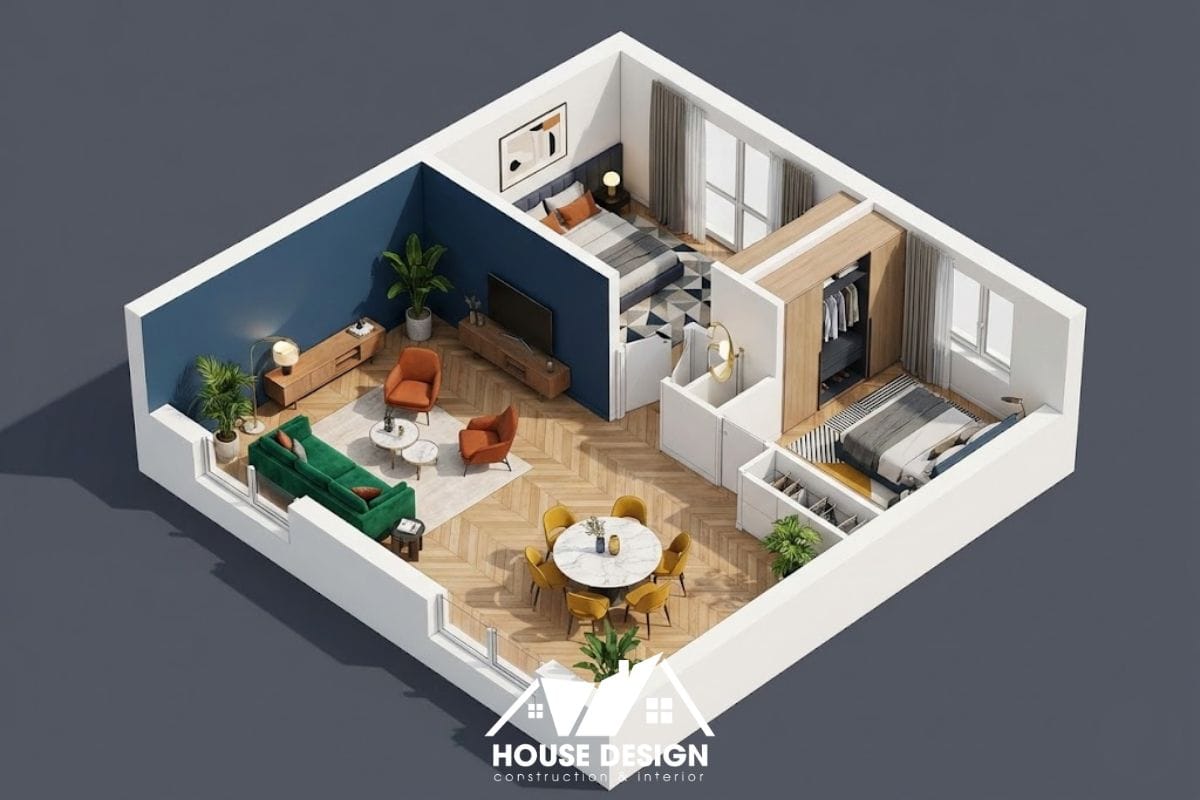 mặt bằng 3D căn hộ 70m2 lát sàn gỗ xương cá phong cách đương đại