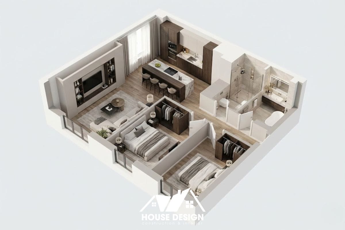 thiết kế 3D căn hộ 70m2 có bàn bar dài và tủ TV âm tường