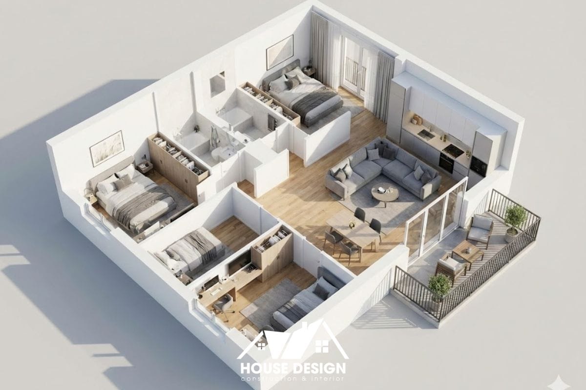 Phối cảnh 3D mặt bằng căn hộ 75m2 bố trí cụm 3 phòng ngủ về một phía