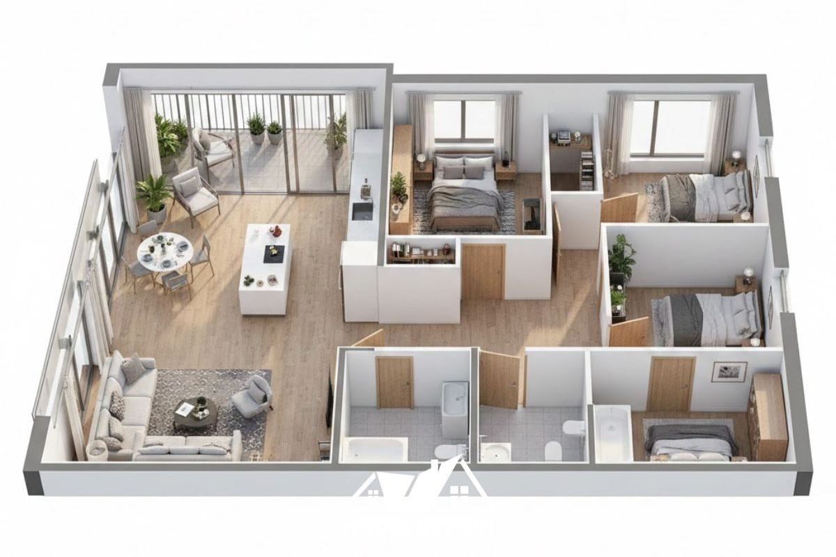 bản vẽ 3d bố trí căn hộ 80m2 3 phòng ngủ có trục phòng khách thông ban công