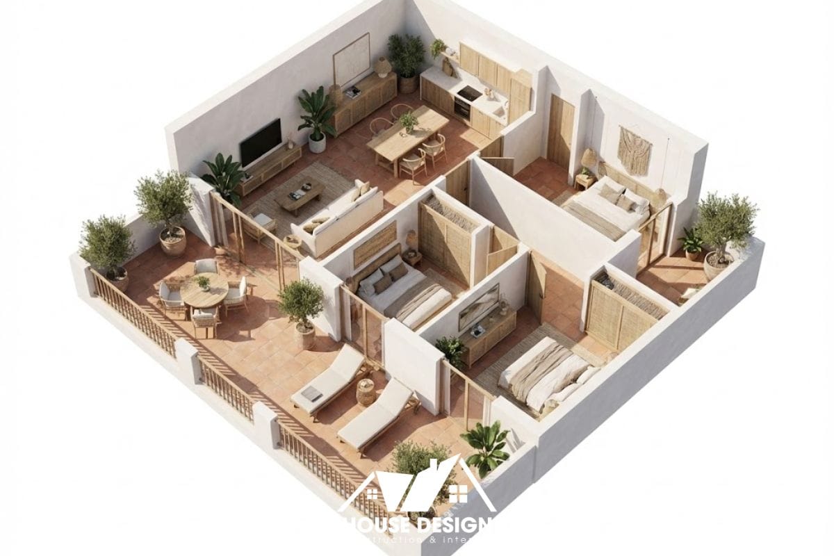 ản vẽ 3d căn hộ 80m2 2 phòng ngủ có ban công góc rộng thoáng