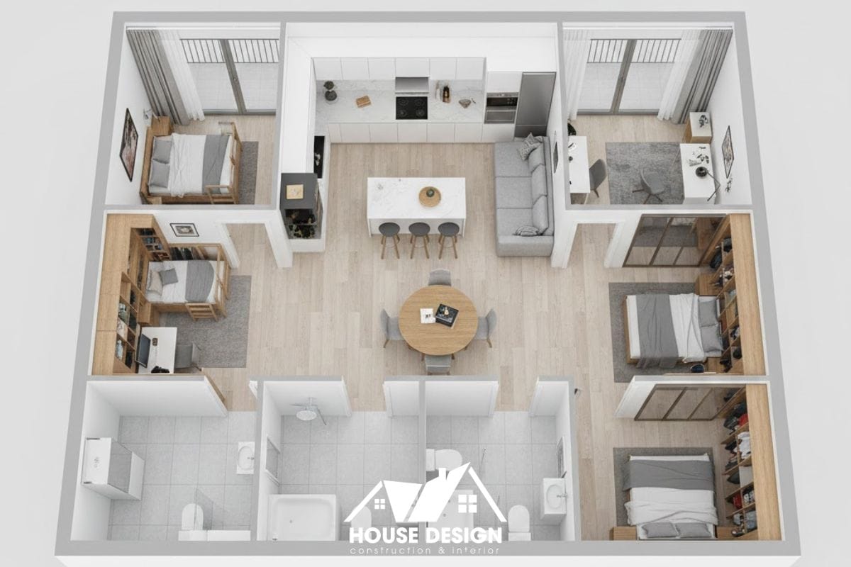 mô hình 3d căn hộ 80m2 3 phòng ngủ bố trí giường tầng cho bé