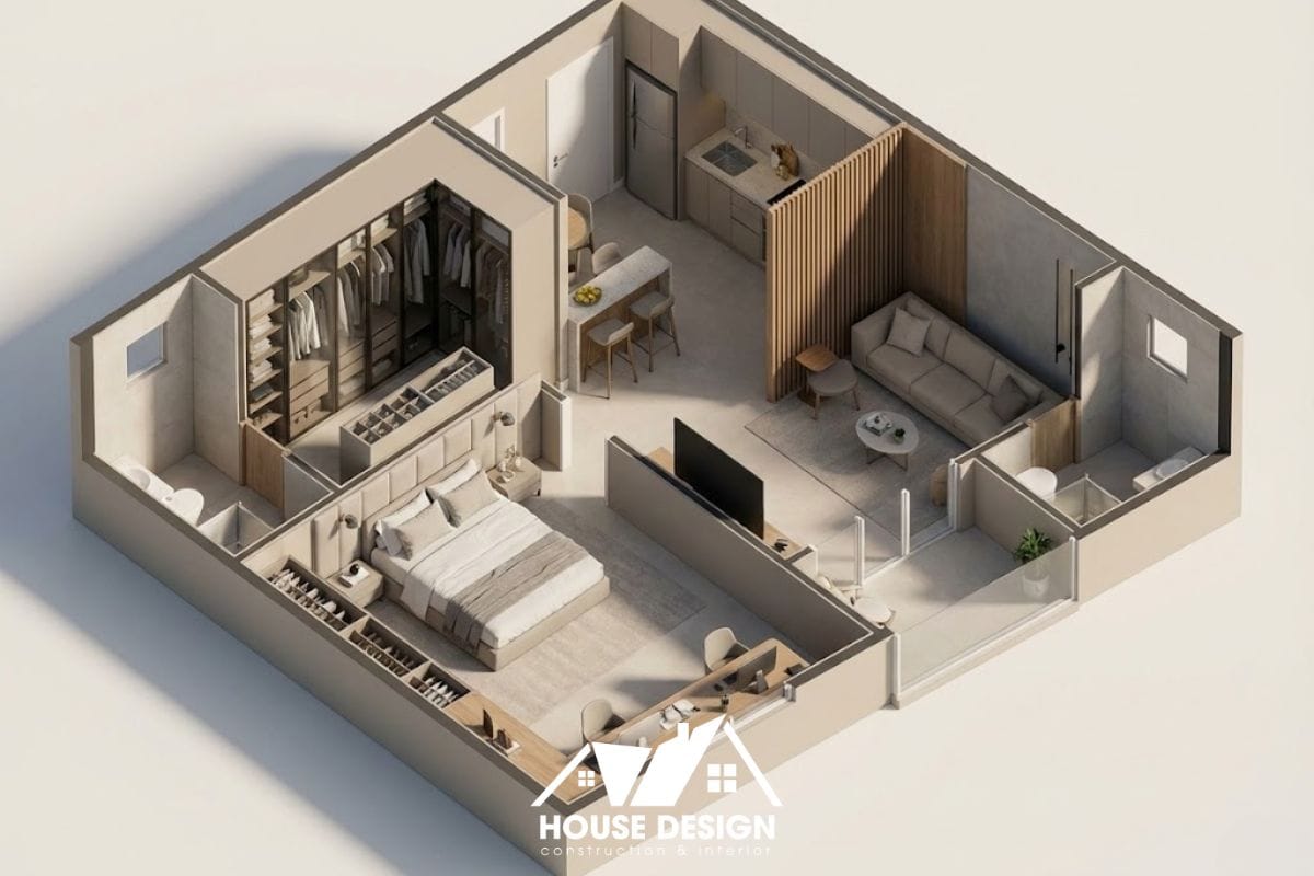 mô hình 3d căn hộ 80m2 ưu tiên diện tích cho phòng ngủ master