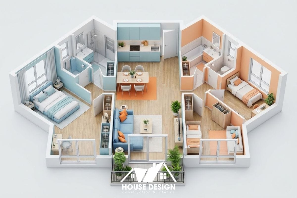 mô hình 3d căn hộ 80m2 bố trí đối xứng qua trục phòng khách