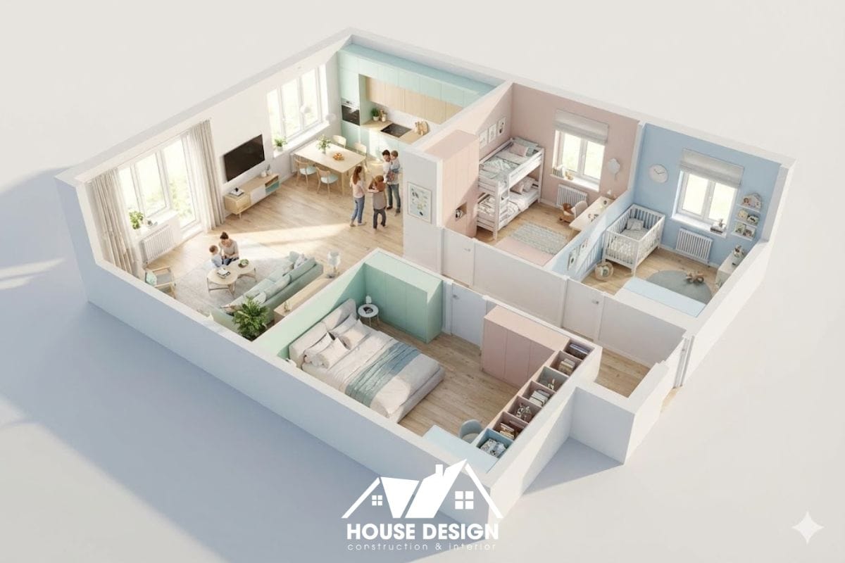 Mô hình 3D căn hộ Scandinavian 100m2 an toàn cho gia đình trẻ